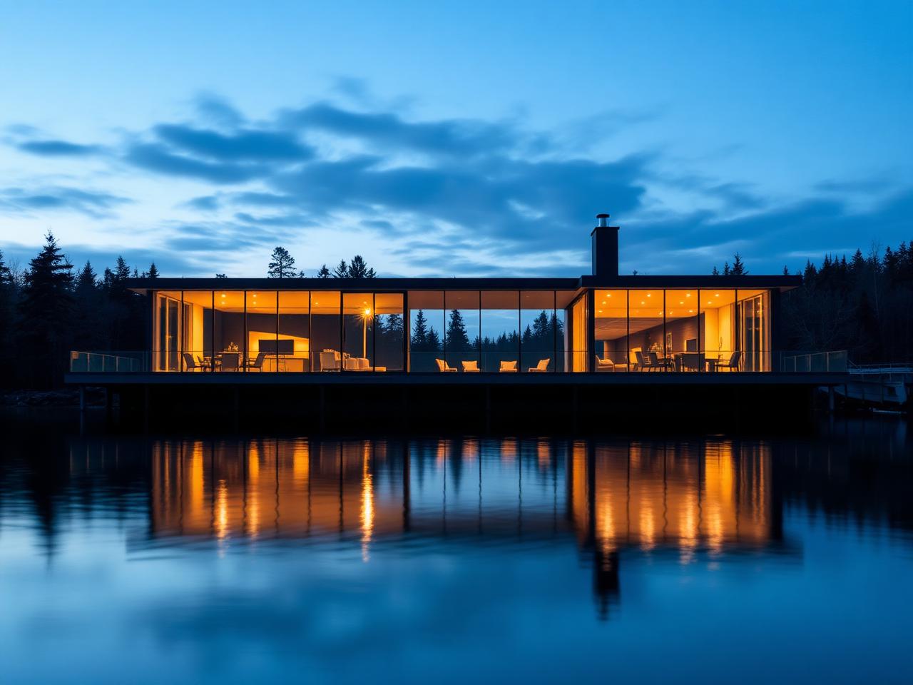 Glass lakefront cabin at dusk